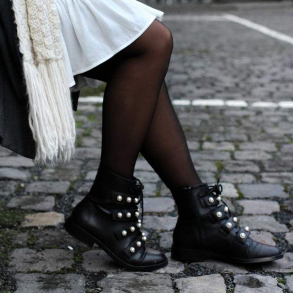 Bloggers Fav Zara Pearl Moto Biker Boots